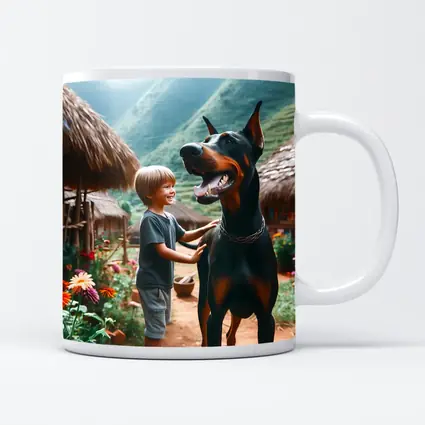 Boy With Doberman Village Mountain Background