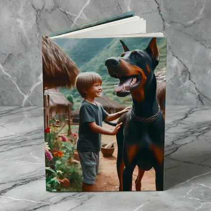 Boy With Doberman Village Mountain Background