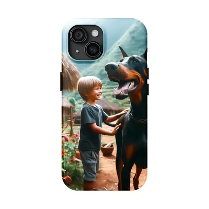 Boy With Doberman Village Mountain Background