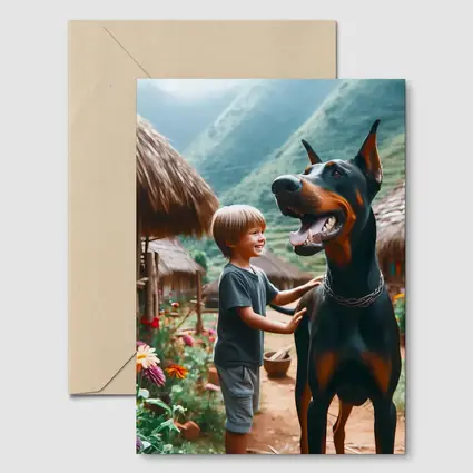 Boy With Doberman Village Mountain Background