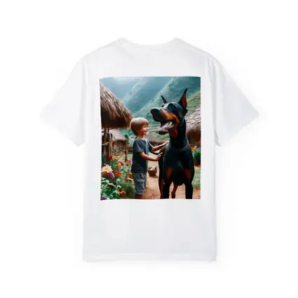 Boy With Doberman Village Mountain Background