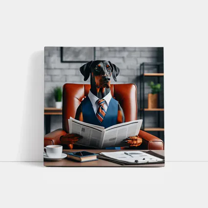 Doberman Pinscher Boss Reading Newspaper Office