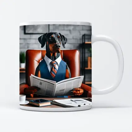 Doberman Pinscher Boss Reading Newspaper Office