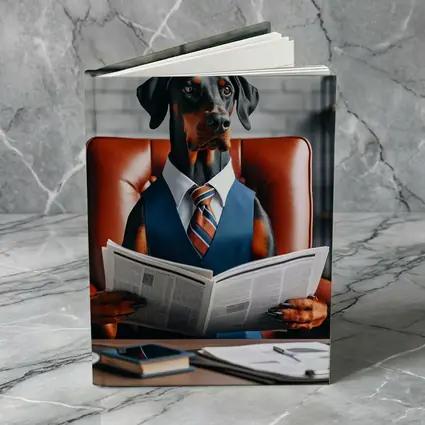 Doberman Pinscher Boss Reading Newspaper Office