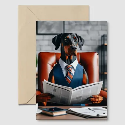 Doberman Pinscher Boss Reading Newspaper Office