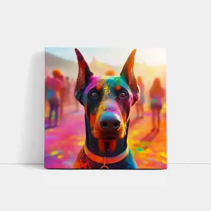 Doberman Covered in Colorful Holi Powder