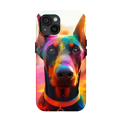 Doberman Covered in Colorful Holi Powder