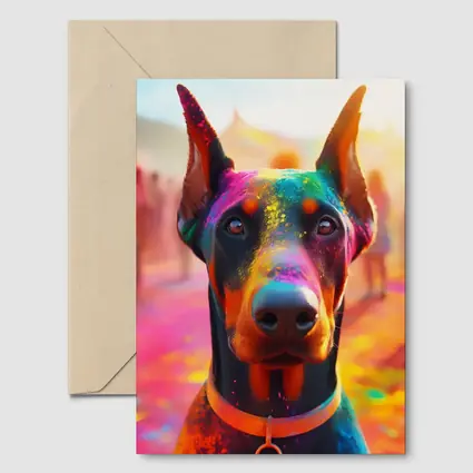 Doberman Covered in Colorful Holi Powder