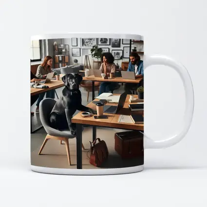 Black Labrador Sitting at Modern Office Desk