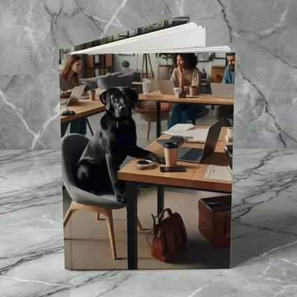 Black Labrador Sitting at Modern Office Desk