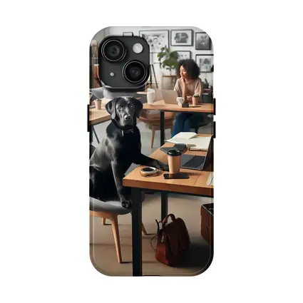 Black Labrador Sitting at Modern Office Desk