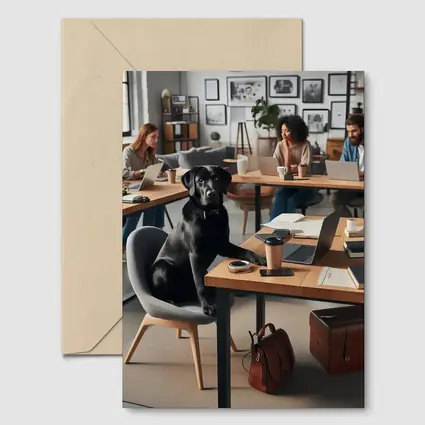 Black Labrador Sitting at Modern Office Desk