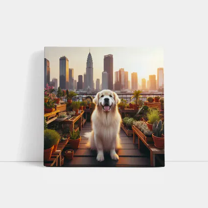 Golden Retriever Rooftop Garden City Skyline