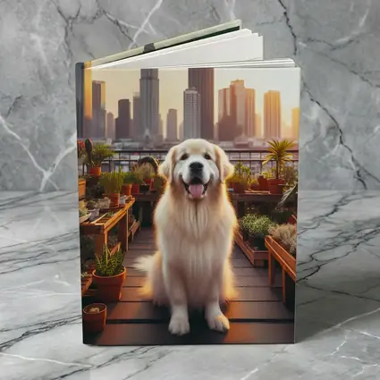 Golden Retriever Rooftop Garden City Skyline