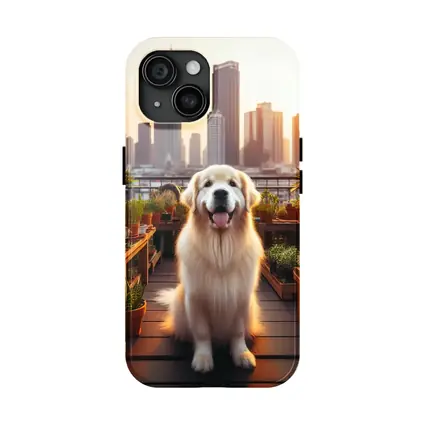 Golden Retriever Rooftop Garden City Skyline