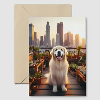 Golden Retriever Rooftop Garden City Skyline