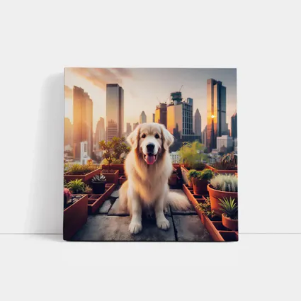 Golden Retriever Rooftop Garden City Skyline