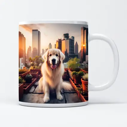 Golden Retriever Rooftop Garden City Skyline