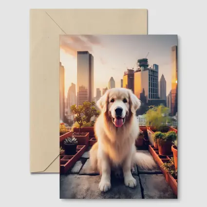 Golden Retriever Rooftop Garden City Skyline