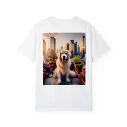 Golden Retriever Rooftop Garden City Skyline