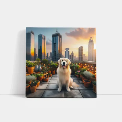 Golden Retriever on City Rooftop at Sunset