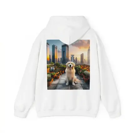 Golden Retriever on City Rooftop at Sunset