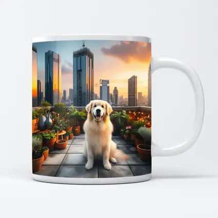Golden Retriever on City Rooftop at Sunset