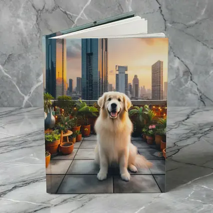 Golden Retriever on City Rooftop at Sunset