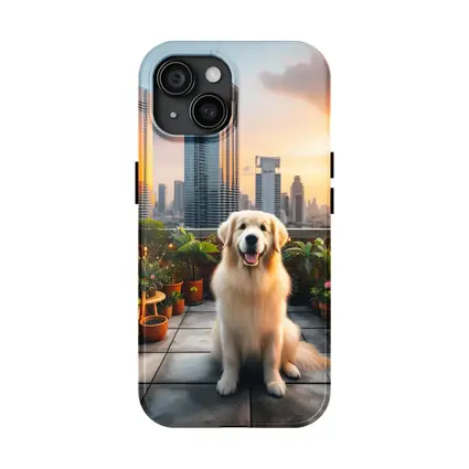 Golden Retriever on City Rooftop at Sunset