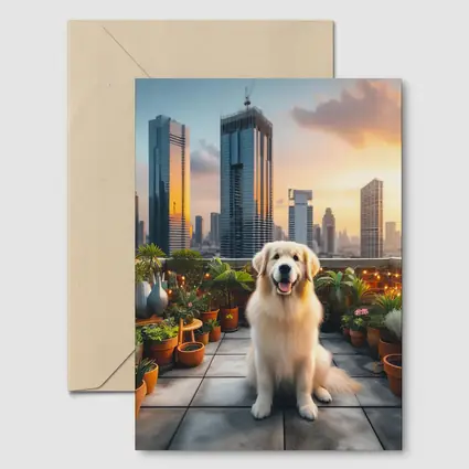 Golden Retriever on City Rooftop at Sunset