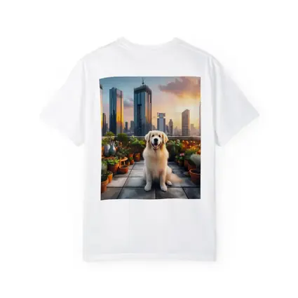 Golden Retriever on City Rooftop at Sunset