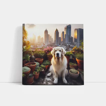 Golden Retriever Sitting City Skyline Rooftop