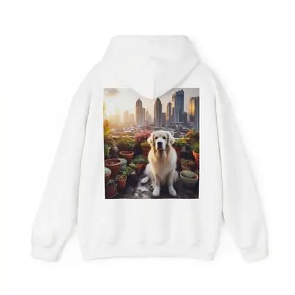 Golden Retriever Sitting City Skyline Rooftop