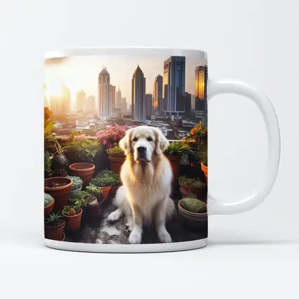 Golden Retriever Sitting City Skyline Rooftop