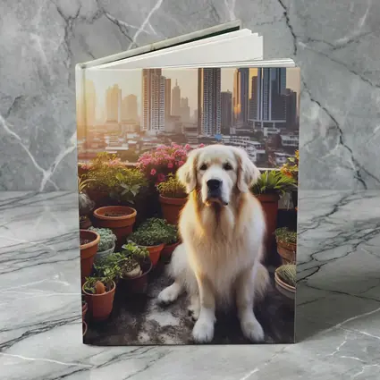 Golden Retriever Sitting City Skyline Rooftop