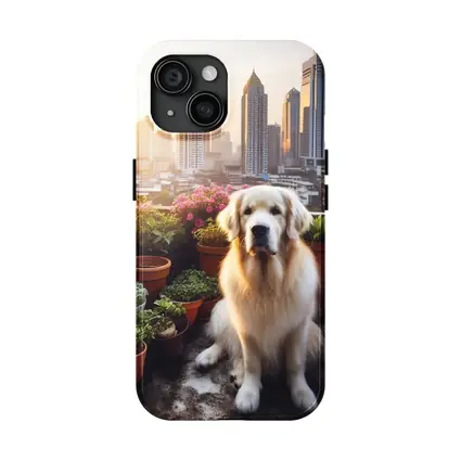 Golden Retriever Sitting City Skyline Rooftop