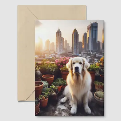 Golden Retriever Sitting City Skyline Rooftop