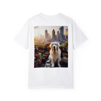 Golden Retriever Sitting City Skyline Rooftop