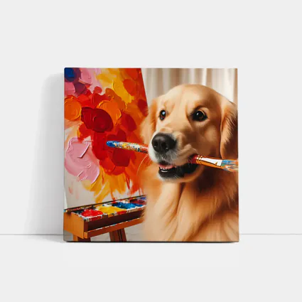 Golden Retriever Artist Painting Colorful Flowers