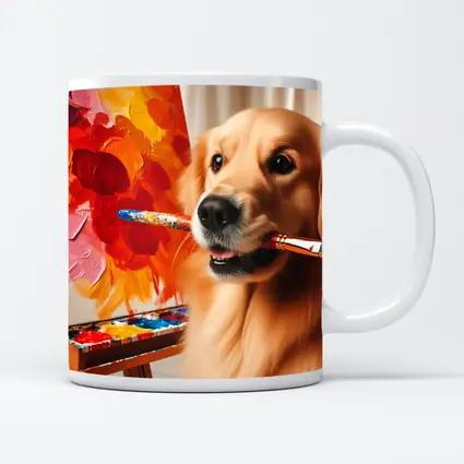 Golden Retriever Artist Painting Colorful Flowers