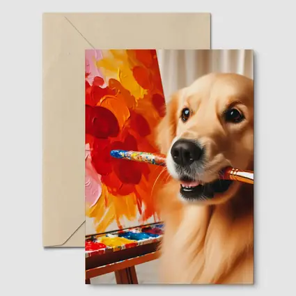 Golden Retriever Artist Painting Colorful Flowers
