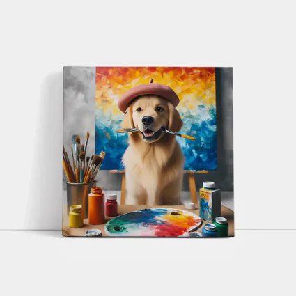 Golden Retriever Artist Wearing Beret With Paintbrushes