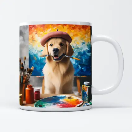 Golden Retriever Artist Wearing Beret With Paintbrushes