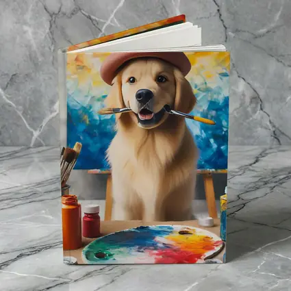 Golden Retriever Artist Wearing Beret With Paintbrushes