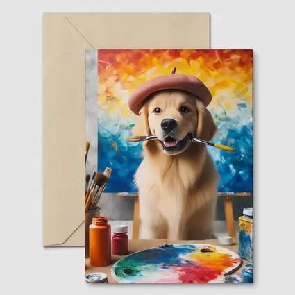 Golden Retriever Artist Wearing Beret With Paintbrushes