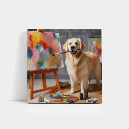 Golden Retriever Artist Painting on Easel