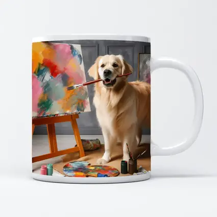 Golden Retriever Artist Painting on Easel