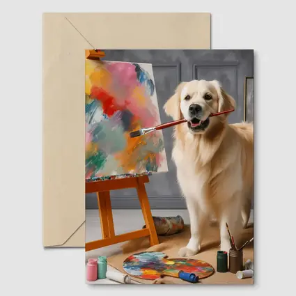 Golden Retriever Artist Painting on Easel