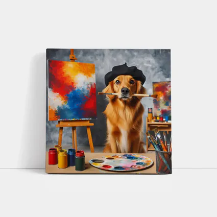 Golden Retriever Artist Wearing Beret Painting