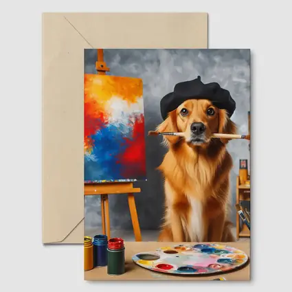 Golden Retriever Artist Wearing Beret Painting